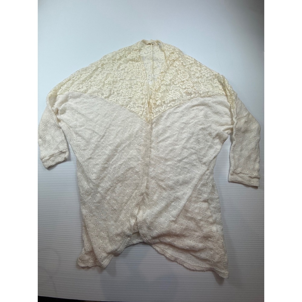Painted Threads Cream Lace Yoke Open Front Cardigan Pointelle Knit Medium